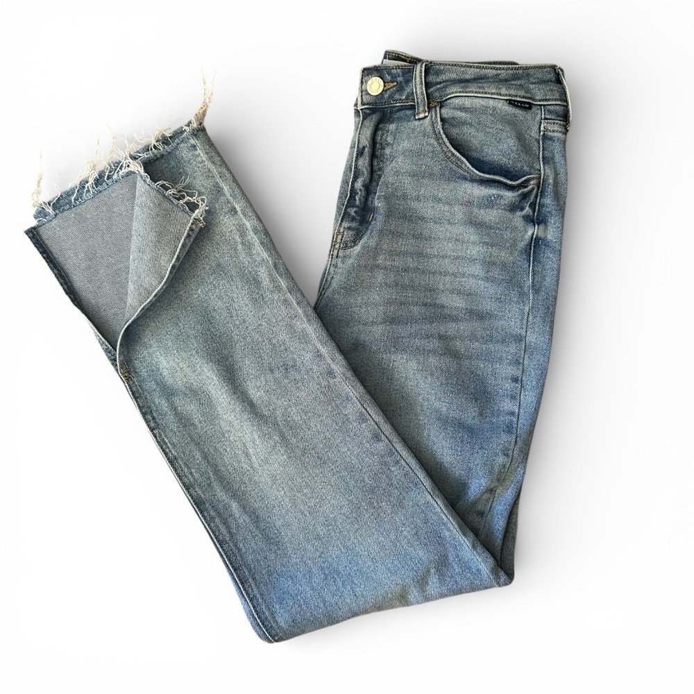 Cello Light Acid Wash Side Slit Stretch Straight Raw Hem Jeans Sz 5